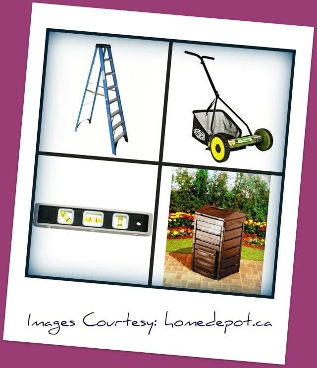 ladder, mower, level and compost bin.